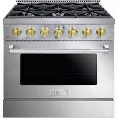 Forte 36" Freestanding All Gas Range - 6 Sealed Italian Made Burners, 4.5 cu. ft. Oven, Easy Glide Oven Racks - in Stainless Steel And Brass Knob (FGR366BSS4) - The Home Selection