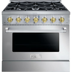 Forte 36" Freestanding All Gas Range - 6 Sealed Italian Made Burners, 4.5 cu. ft. Oven, Easy Glide Oven Racks - in Stainless Steel And Brass Knob (FGR366BSS4) - The Home Selection