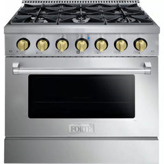 Forte 36" Freestanding All Gas Range - 6 Sealed Italian Made Burners, 4.5 cu. ft. Oven, Easy Glide Oven Racks - in Stainless Steel And Brass Knob (FGR366BSS4) - The Home Selection