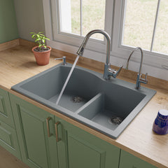 Alfi 33" Double Bowl Drop In Granite Composite Kitchen Sink - Titanium