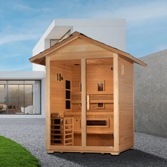 Golden Designs "Carinthia" 3 Person Hybrid (PureTech™ Full Spectrum IR or Traditional Stove) Outdoor Sauna Canadian Hemlock - GDI-8123-01 - The Home Selection