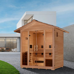 Golden Designs "Gargellen" 5 Person Hybrid (PureTech™ Full Spectrum IR or Traditional Stove) Outdoor Sauna Canadian Hemlock - GDI-8125-01 - The Home Selection