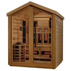Golden Designs Loviisa 3 Person Hybrid (PureTech™ Full Spectrum IR or Traditional Stove) Outdoor Sauna, Canadian Red Cedar Interior GDI-8523-01 - The Home Selection