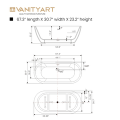 Vanity Art 68 Acrylic Flatbottom Freestanding Soaking Bathtub in White - VA6836