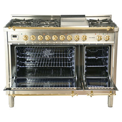Hallman 48 in. Double Oven Duel Fuel Italian Range, Brass Trim HDFR48BS - The Home Selection
