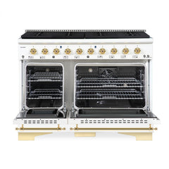 Hallman Classico Series 48" Dual Fuel Freestanding Range in White with Brass Trim - The Home Selection