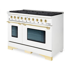 Hallman Classico Series 48" Dual Fuel Freestanding Range in White with Brass Trim - The Home Selection