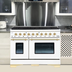 Hallman Classico Series 48" Dual Fuel Freestanding Range in White with Brass Trim - The Home Selection