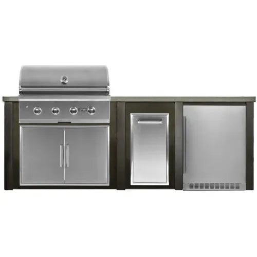 Haven Outdoor 8 Ft Kitchen Island with 36 Inch Grill Cutouts, Trash Center, and 24