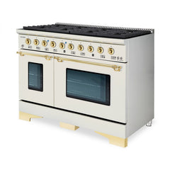 Hallman Classico Series 48" Dual Fuel Freestanding Range in Antique White with Brass Trim - HCLRDF48BSAW