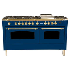 Hallman 60 in. Double Oven Duel Fuel Italian Range, LP Gas, Brass Trim - HDFR60BSLP