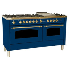 Hallman 60 in. Double Oven Duel Fuel Italian Range, LP Gas, Brass Trim - HDFR60BSLP