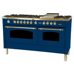 Hallman 60 in. Double Oven Duel Fuel Italian Range, LP Gas, Brass Trim - HDFR60BSLP