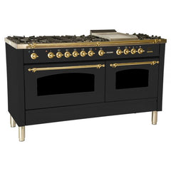 Hallman 60 in. Double Oven Duel Fuel Italian Range, LP Gas, Brass Trim - HDFR60BSLP