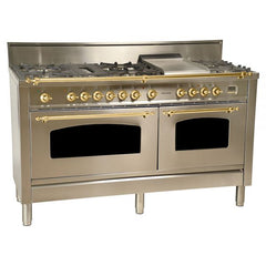 Hallman 60 in. Double Oven Duel Fuel Italian Range, LP Gas, Brass Trim - HDFR60BSLP