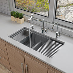 Alfi 33" Granite Composite Workstation Step Rim Double Bowl Undermount Sink with Accessories - Titanium