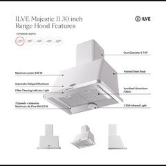 ILVE 30" Majestic Wall Mount Range Hood with 600 CFM Blower Anti-grease Filter 2 Warming Lights Filter Light Indicator Auto-off Function and 4 Fan Speeds - UAM76 - The Home Selection