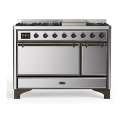 ILVE 48" Majestic II Series Freestanding Dual Fuel Range with 8 Sealed Brass Non Stick Coated Burners and Griddle - UM12FDQNS3 - The Home Selection