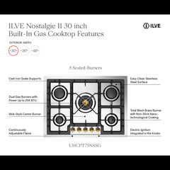 ILVE II 30 Inch Built-In Gas Cooktop with 5 Burners in Stainless Steel - UHCPT75NSSG - The Home Selection