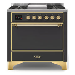 ILVE Majestic II 36-Inch Dual Fuel Range with 6 Black Brass Burners & Griddle - UM09F - The Home Selection