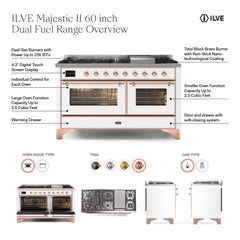 ILVE Majestic II 60 inch Triple Glass Door Dual Fuel Range with 9 Burners, Griddle - UM15FDNS3 - The Home Selection