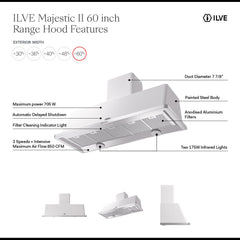 ILVE Majestic II 60 Inch Wall Mount Range Hood 850 CFM 4 Speed LED Lighting - UAM150 - The Home Selection