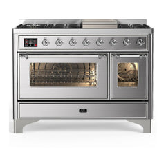 ILVE Majestic III 48 inch Dual Fuel Range with 8 Burners and Griddle, Dual Function Burner up to 25,000 BTU Natural Gas, Triple Glass Door - UM48FNR3AWB - The Home Selection