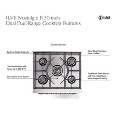 ILVE Nostalgie II 30 inch Dual Fuel Range with 5 Burners Solid Door - UP30QNMP - The Home Selection