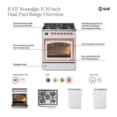 ILVE Nostalgie II 30 inch Dual Fuel Range with 5 Burners Solid Door - UP30QNMP - The Home Selection