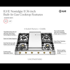 ILVE Nostalgie II 36" Built-In Gas Cooktop with 4 Burners & Griddle – Stainless Steel - The Home Selection
