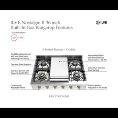 ILVE Nostalgie II 36" Built-In Gas Rangetop with 4 Burners & Griddle – Stainless Steel - UHCP36FNSSG - The Home Selection