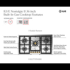 ILVE Nostalgie II 36 inch Built-In Gas Cooktop with Total Black Brass Burners, in Stainless Steel - UHCPT95 - The Home Selection