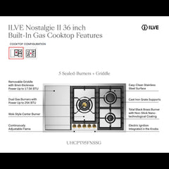 ILVE Nostalgie II 36 inch Built-In Gas Cooktop with Total Black Brass Burners, in Stainless Steel - UHCPT95 - The Home Selection