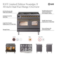 ILVE Nostalgie II 40 inch Dual Fuel Range with 6 Total Black Brass Burners, Brass Trim (Limited Edition) - UPD406NMP - The Home Selection