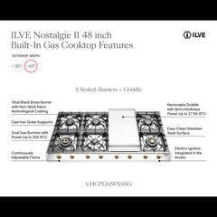 ILVE Nostalgie II 48" Built-In Gas Cooktop with 6 Burners & Griddle – Stainless Steel - UHCP1265FNSSG - The Home Selection