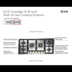 ILVE Nostalgie II 48 Inch Built In Gas Cooktop with Total Black Brass Burners in Stainless Steel - UHCPT125 - The Home Selection