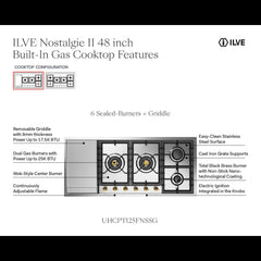 ILVE Nostalgie II 48 Inch Built In Gas Cooktop with Total Black Brass Burners in Stainless Steel - UHCPT125 - The Home Selection