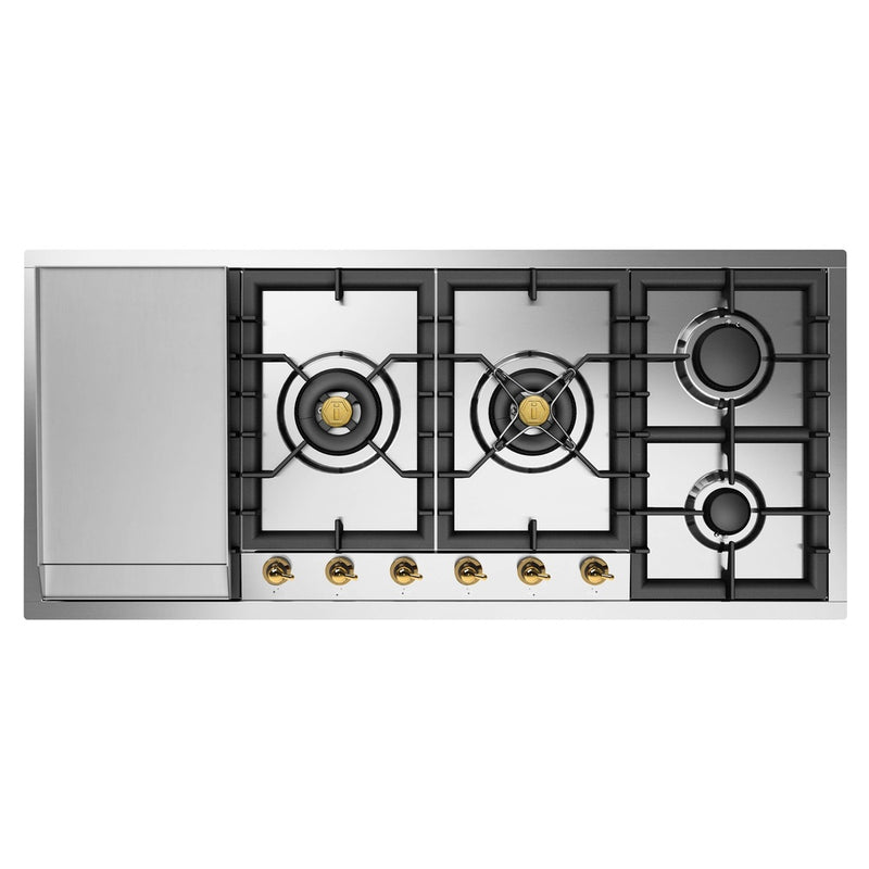 ILVE Nostalgie II 48 Inch Built In Gas Cooktop with Total Black Brass Burners in Stainless Steel - UHCPT125 - The Home Selection