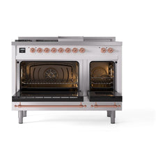 ILVE Nostalgie II 48 Inch Dual Fuel Range – 5 Sealed Burners, Griddle & French Top, Solid Door - UP48FSQNMP - The Home Selection