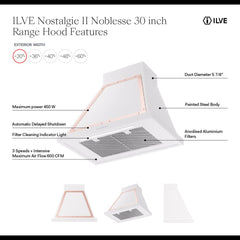 ILVE Nostalgie II Noblesse 30 Inch Wall Mount Range Hood 600 CFM LED Retro Style - UANB30 - The Home Selection