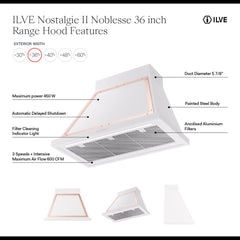 ILVE Nostalgie II Noblesse 36 Inch Wall Mount Range Hood 600 CFM LED Retro Style - UANB36 - The Home Selection