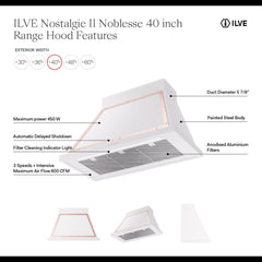 ILVE Nostalgie II Noblesse 40 Inch Wall Mount Range Hood 600 CFM LED Retro Style - UANB40 - The Home Selection