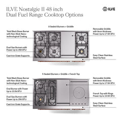 ILVE Nostalgie II Noblesse 48 inch Dual Fuel Range 5 Sealed Burners + Griddle + French Top, Solid Door - UN48FSQNMP - The Home Selection