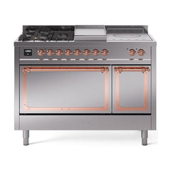 ILVE Nostalgie II Noblesse 48 inch Dual Fuel Range 5 Sealed Burners + Griddle + French Top, Solid Door - UN48FSQNMP - The Home Selection