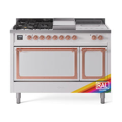 ILVE Nostalgie II Noblesse 48 inch Dual Fuel Range 5 Sealed Burners + Griddle + French Top, Solid Door - UN48FSQNMP - The Home Selection
