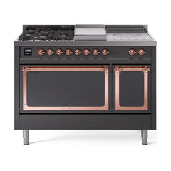ILVE Nostalgie II Noblesse 48 inch Dual Fuel Range 5 Sealed Burners + Griddle + French Top, Solid Door - UN48FSQNMP - The Home Selection