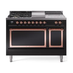 ILVE Nostalgie II Noblesse 48 inch Dual Fuel Range 5 Sealed Burners + Griddle + French Top, Solid Door - UN48FSQNMP - The Home Selection