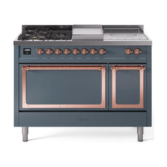 ILVE Nostalgie II Noblesse 48 inch Dual Fuel Range 5 Sealed Burners + Griddle + French Top, Solid Door - UN48FSQNMP - The Home Selection
