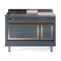 ILVE Nostalgie II Noblesse 48 inch Dual Fuel Range 5 Sealed Burners + Griddle + French Top, Solid Door - UN48FSQNMP - The Home Selection