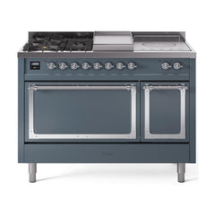 ILVE Nostalgie II Noblesse 48 inch Dual Fuel Range 5 Sealed Burners + Griddle + French Top, Solid Door - UN48FSQNMP - The Home Selection